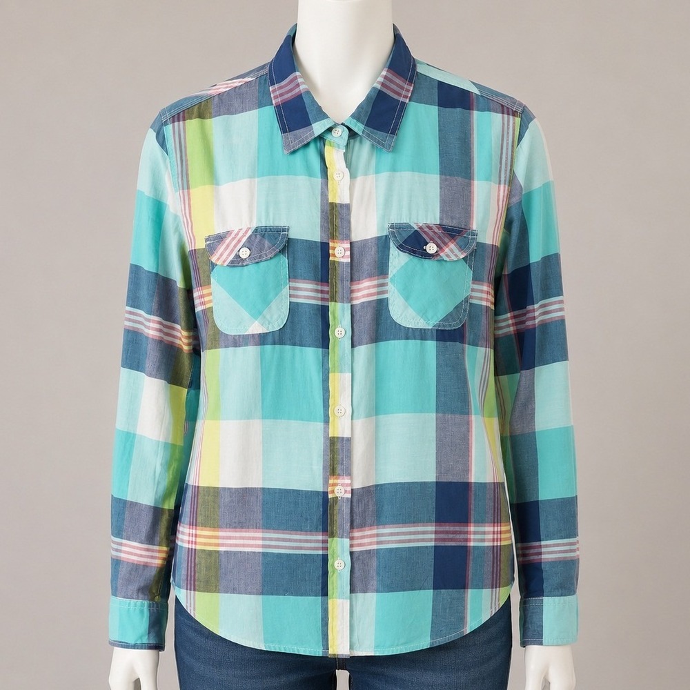 American Eagle Outfitters Teal Plaid Button Down Shirt Womens Large L/G Cotton